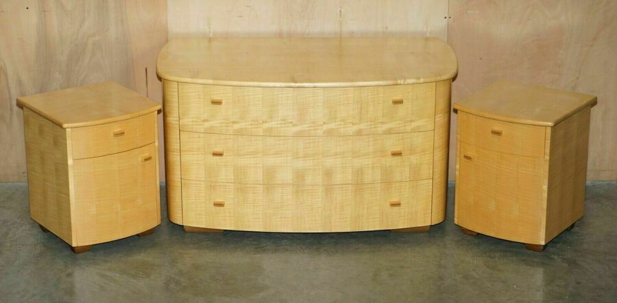Sublime Bow Fronted Baxter & Lee Satin Birch Chest Of Drawers & Side Tables Set