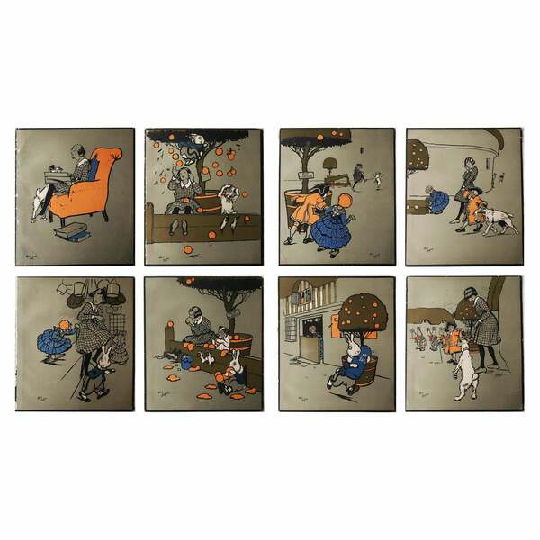 Set Of 8 Original Vintage Prints After Cecil Aldin, Dogs And Rabbits, C.1920