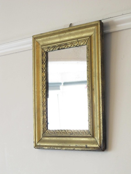 Antique, Arts And Crafts, Rectangular Oak Framed Mirror. Worn Gold Paint   Ready To Hang With New Chain. photo for sale