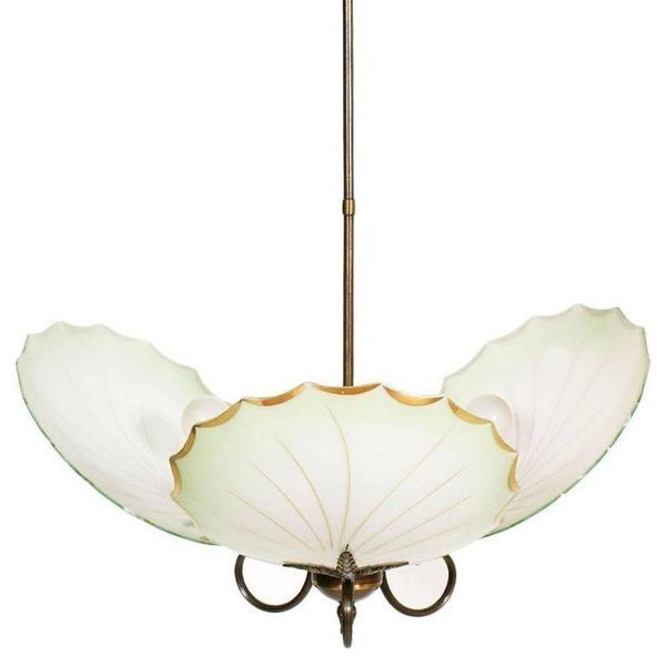 Midcentury Art Deco Chandelier Burnished Brass Three Lights Murano Midcentury Art Deco Chandelier Burnished Brass Three Lights Murano Glass Leaves