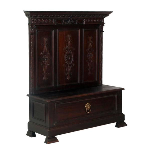 Late 19th C. Renaissance Florentine Bench Chest In Solid Carved Ebonized Walnut