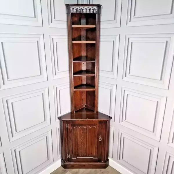 Antique Vintage Tall Corner Unit Shelving Cupboard Linen Fold