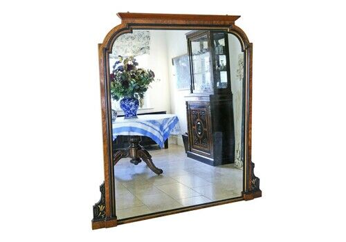 Antique C1880 Aesthetic Burr Walnut And Ebonised Overmantle Wall Mirror Very Large, Fine Quality