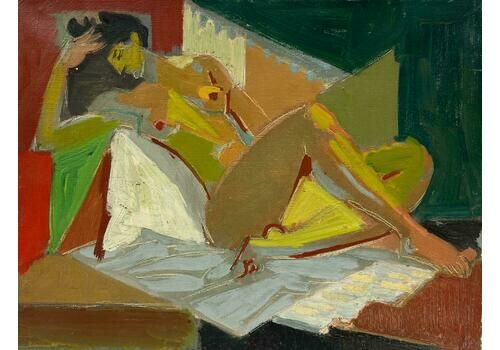 Therese Hummelmid 20th Century French Cubist Portrait Reclining Posed Nude Woman 1950