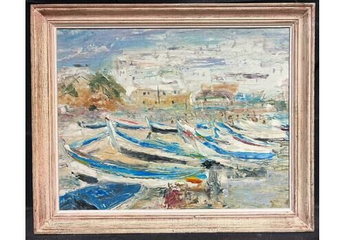 Unknownsailing Boats In South Of France Harbor Vintage French Oil Painting 20th Century