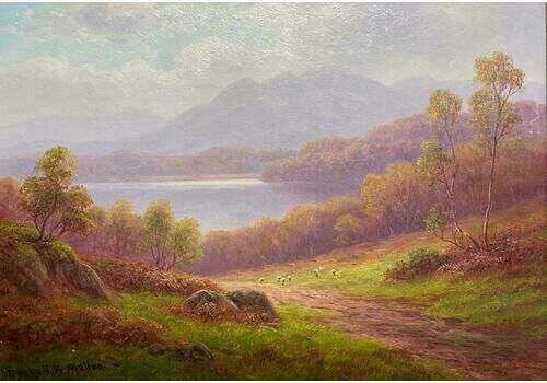 Everett Watson Mellortranquil Highland Landscape Sheep Grazing By The Loch Antique British Painting
