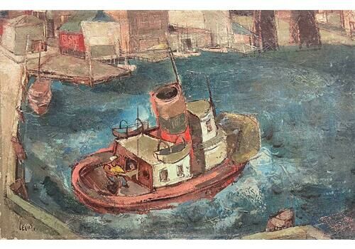 John Chapman Lewis (1920 1994)fishing Boat In New York Harbor 1948 Original Signed Oil Painting Modernist1948
