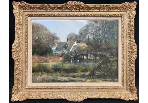 Clive Madgwick (1934–2005)traditional English Thatched Cottage By River With Swans Listed British Artist1980