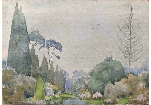 Ian G. Walker Finely Detailed British Watercolor Of A Landscape With Trees And Bushes1974