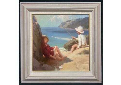 John Richard Townsend British 20th Century Impressionist Oil Painting Children Playing On Sandy Beach