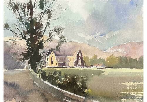 Anthony Averyfine British Original Impressionist Watercolor Mansion Overlooking Spring Fields