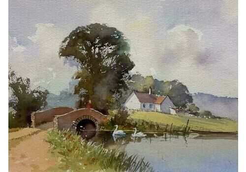 Anthony Averybritish Original Impressionist Watercolor Swans On Old English River Landscape
