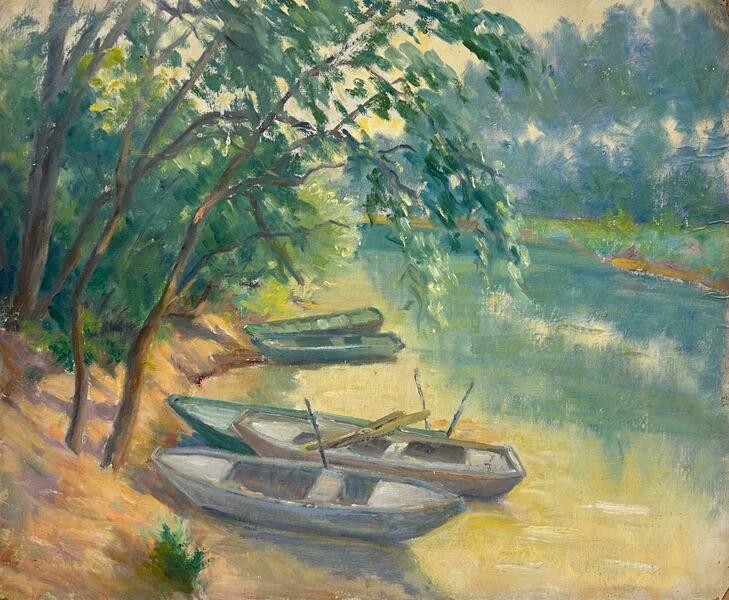 Regine Davidresting Rowboats By A Shaded Riverbank A Tranquil Waterway Scene With Lush Trees1950's