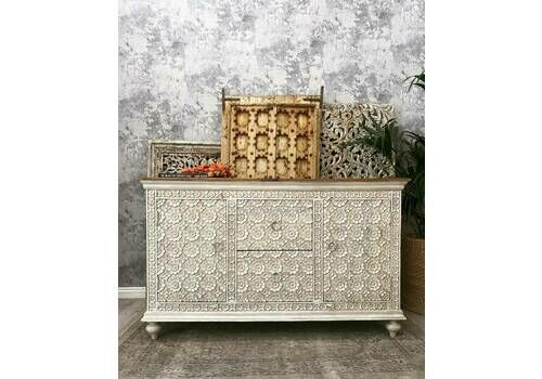 Hand Carved Flower Design Whitewashed Mango Wood Sideboard