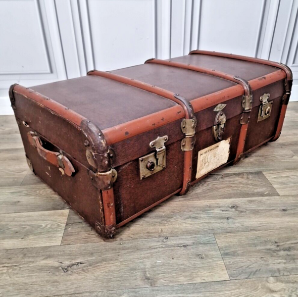 Vintage Banded Brown Steamer Trunk Blanket Box Suitcase Storage Chest