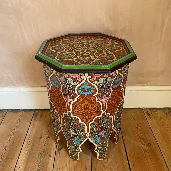 Vintage Hand Painted Moroccan Octagonal Side Table Wooden Wood 