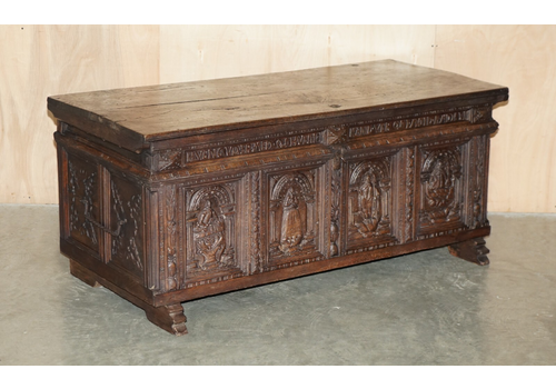 Huge Antique 1631 Dated Hand Carved Oak Danish Wedding Dowry Linen Trunk Coffer