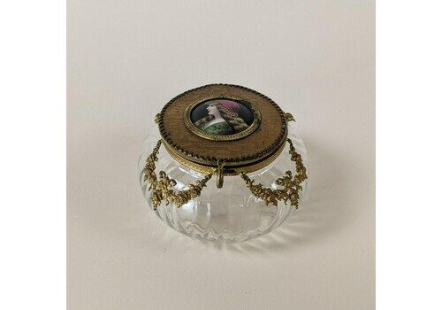Antique French Neoclassic Gilt Bronze Glass And Painted Porcelain Portrait Powder Box With Mirror, 19th Century Trinket Container