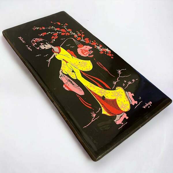 Vintage 1970s Chinese Geisha Art Ceramic Tile