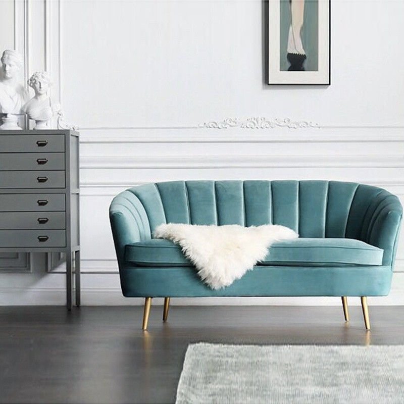 Mid Century Modern Art Deco Scalloped Backrest Arm Velvet Chesterfield Love Seat Teal Blue Sofa Chair Br Legs New Handmade