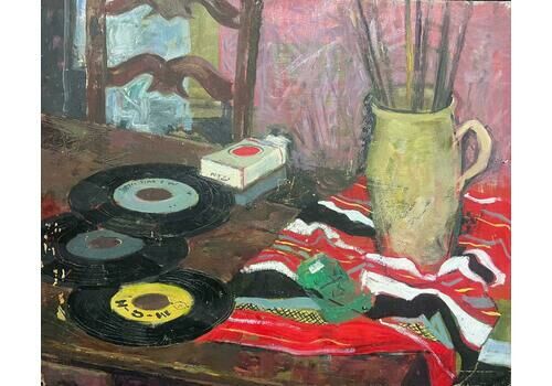 Maurice Delaviermid 20th Century French Modernist Still Life Vinyl Records Paint Brushes Etc