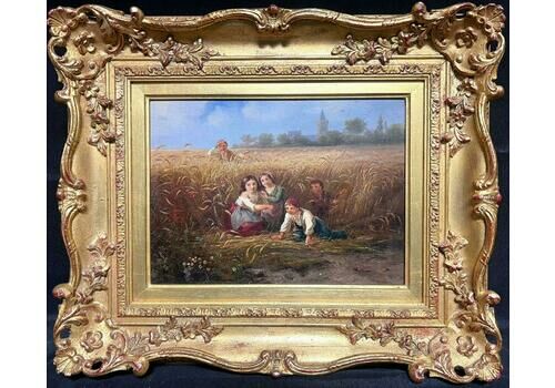 French 19th Centurytraditional 19th Century French Signed Oil Painting Children Playing In Harvest