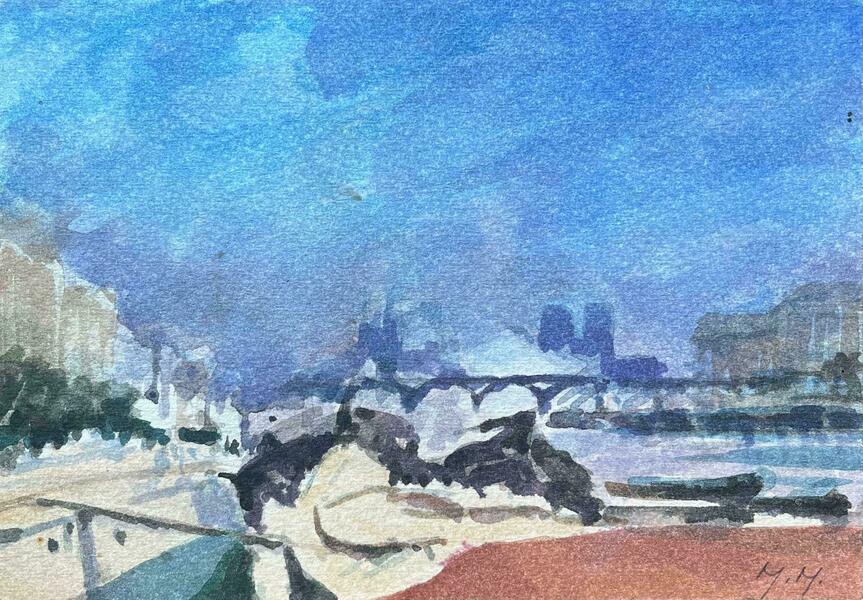 Maurice Mazeiliefrench Impressionist Watercolor Of Parisian Riverside With Bridge And Skyline20th Century