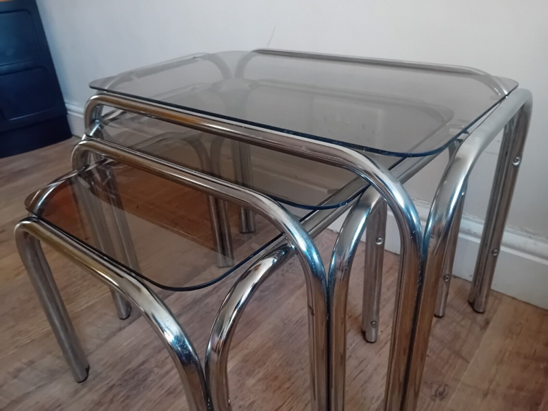 Delightful Set Of 1960's Mid Century Chrome And Glass Nesting Tables photo furniture