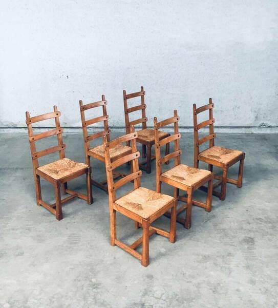 Rustic Brutalist Design Oak Slat Back Dining Chair Set, Belgium 1960's ...
