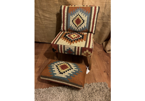 Kilim Flat Weave Wooden Upholstered Easy Bedroom Chair Footstool & Cushion