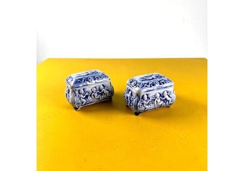 Pair Of Capodimonte Ceramic Boxes With Embossed Decorations