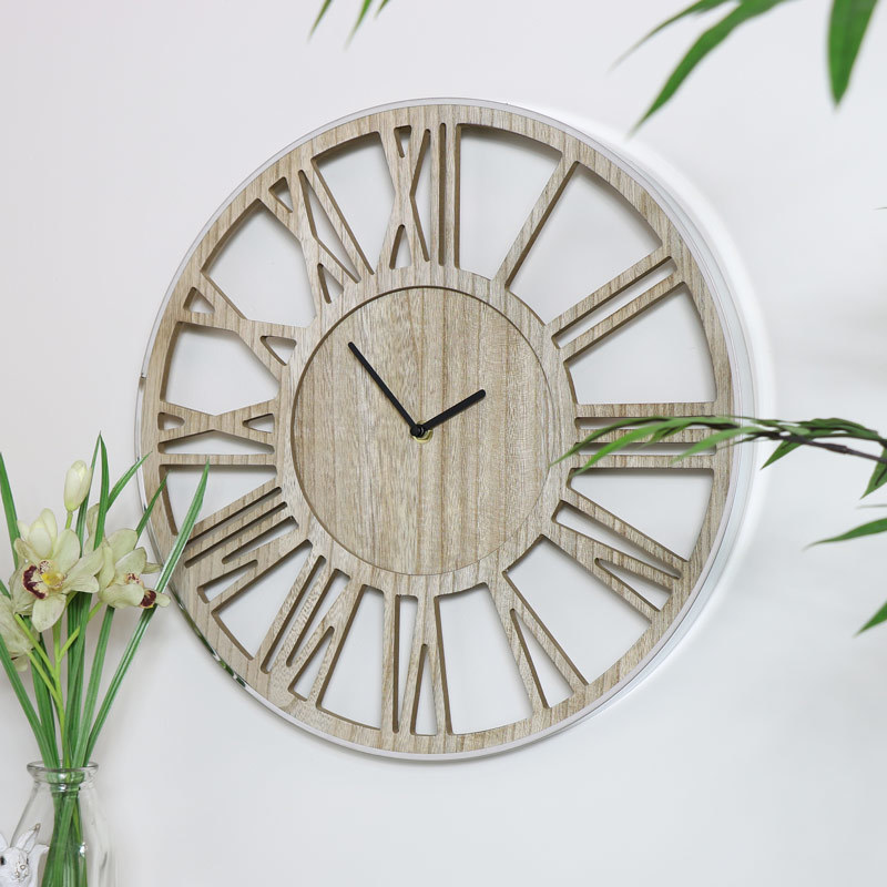 Rustic Wooden Skeleton Clock With Silver Trim Frame Windsor