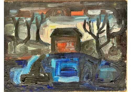 French School1950’s French Expressionist Oil Dusk Landscape House & Bare Trees