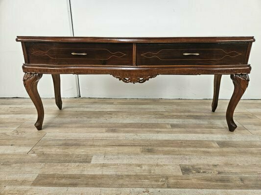Vintage Chippendale Style Dressing Table In Walnut With Brass Handles, 1930s