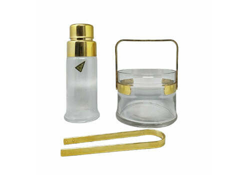 1970s Gorgeous Cocktail Shaker With Ice Bucket By Dorval In Gold Plate 24k And Crystal. Made In Italy