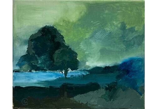 British Contemporaryatmospheric Moody Blue Landscape With Tree & Pond Brooding Skies, Modern Art