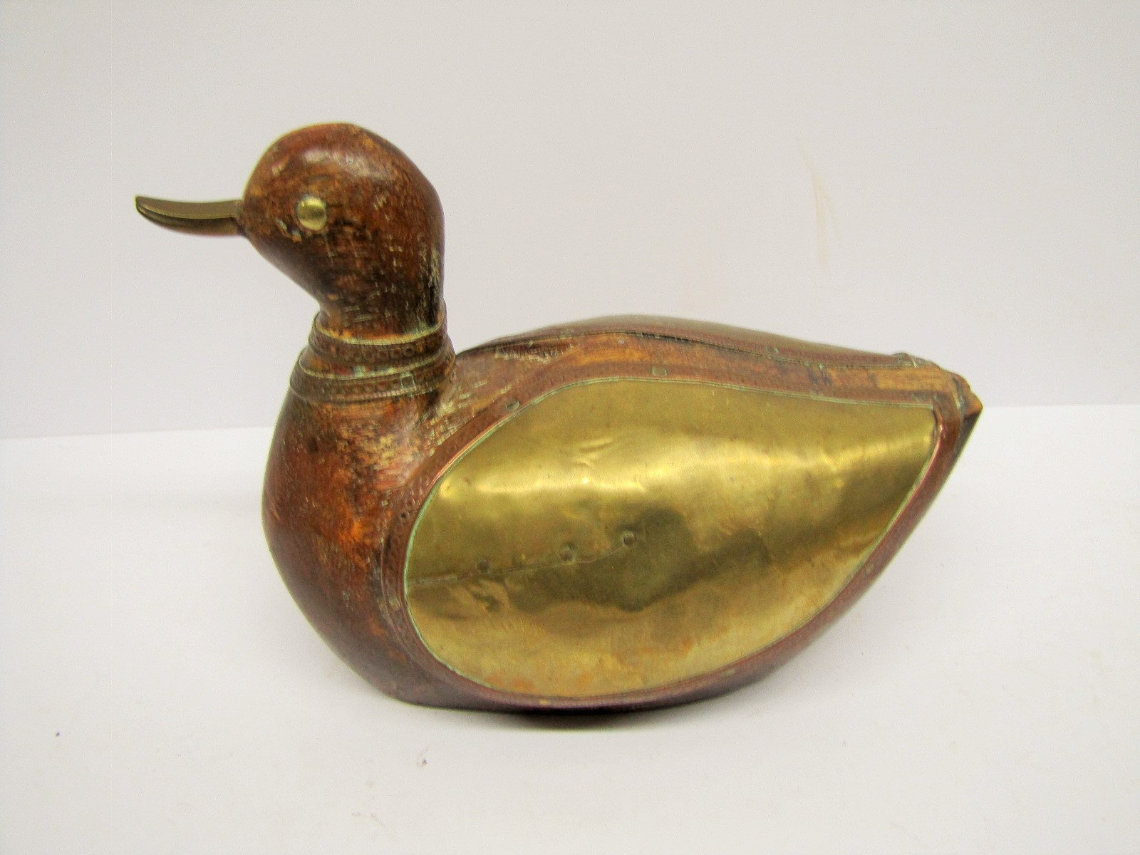 Vintage Wooden, Brass, Copper Duck Ornament, Wood Duck Bird With Brass