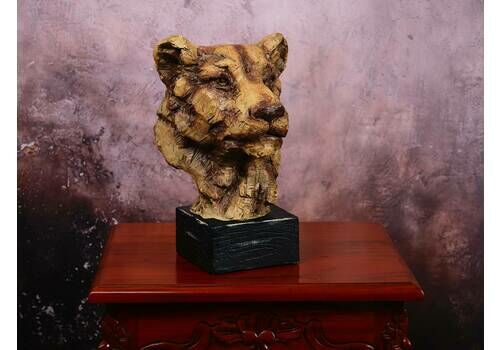 Large African Lioness Head Trophy: Majestic Wooden Sculpture On Base