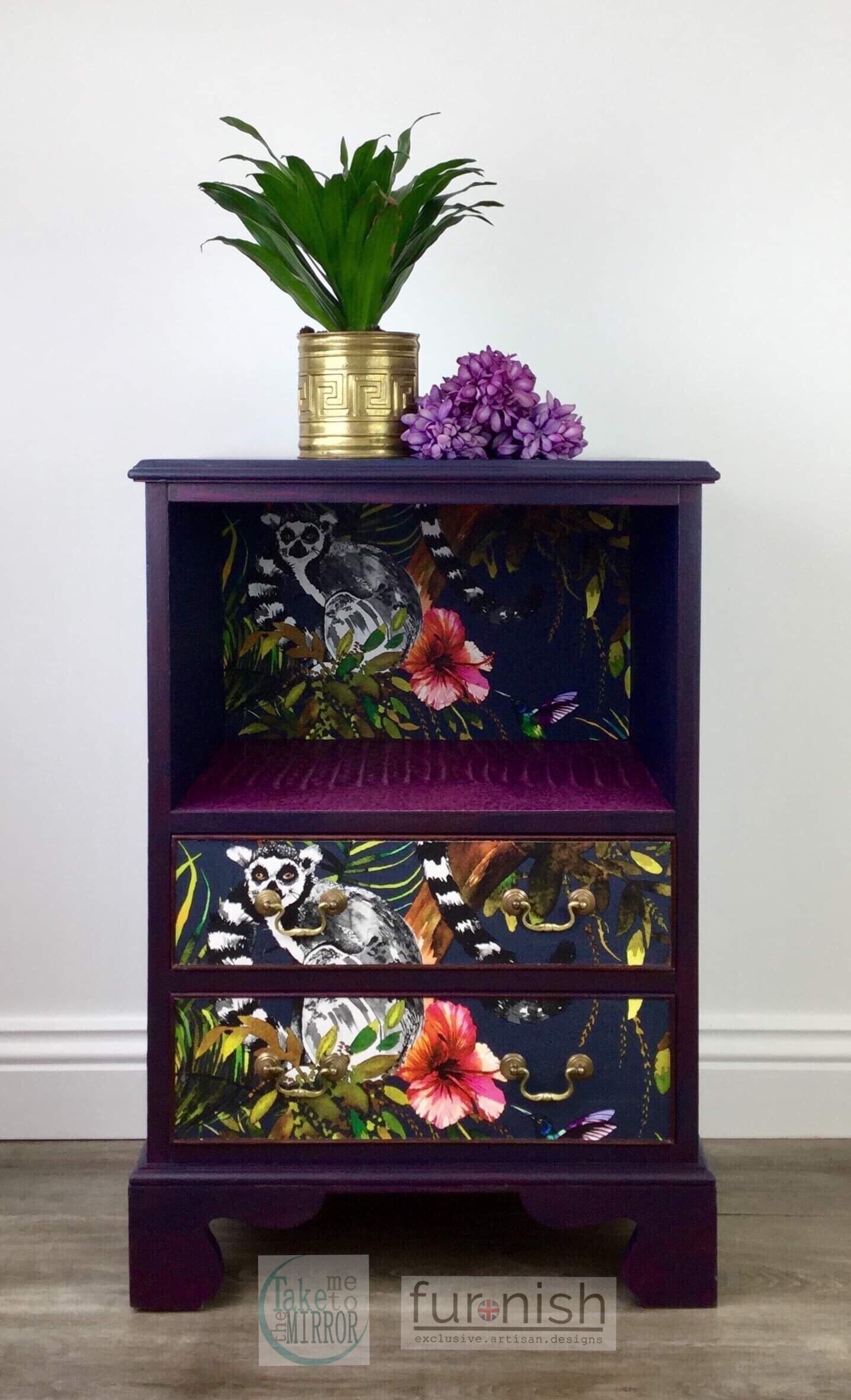 Vintage Restyled Blue Purple Heavy Bedside Cabinet Nightstand Cupboard With A Funky Paper Design Vinterior