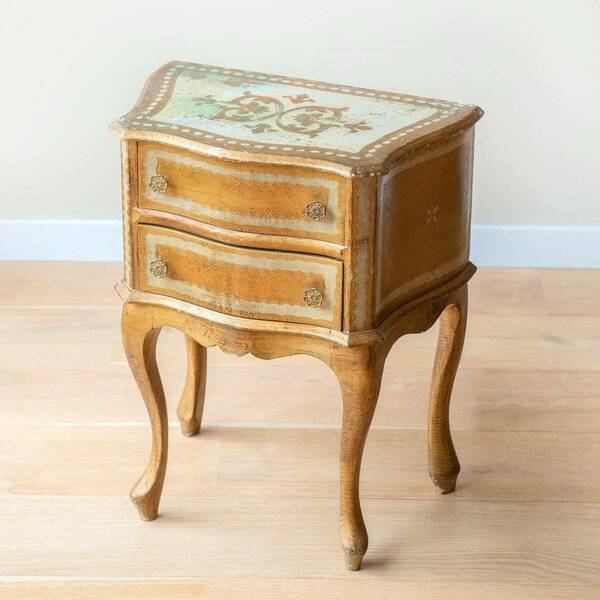 Florentine Cabinet With Two Drawers, Vintage Italian Chest, Golden Lacquered Table, 1960s Design, Baroque Bedside Table With Bend Legs