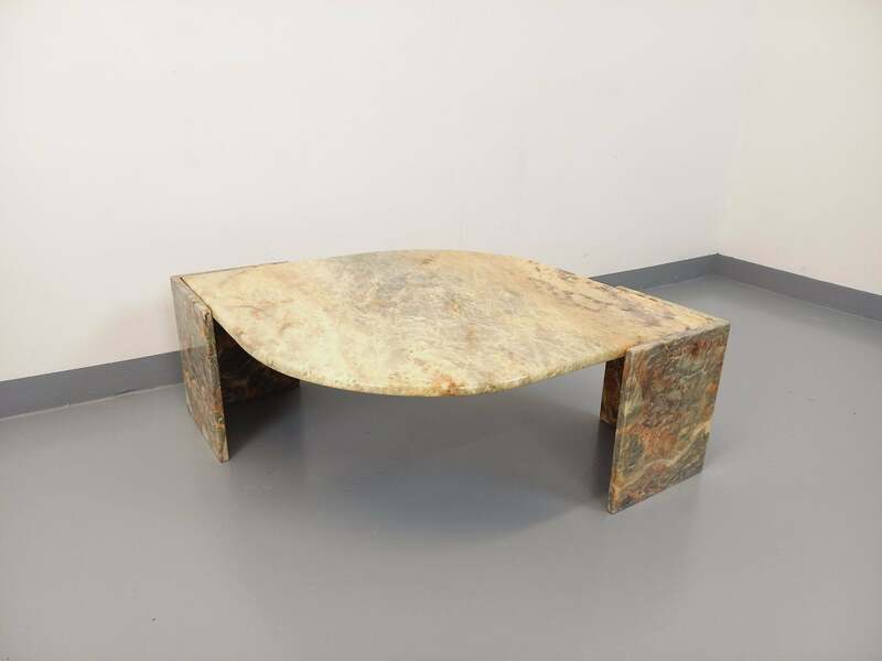 Square Coffee Table In Light Grey, Salmon Pink And Ecru Marble
