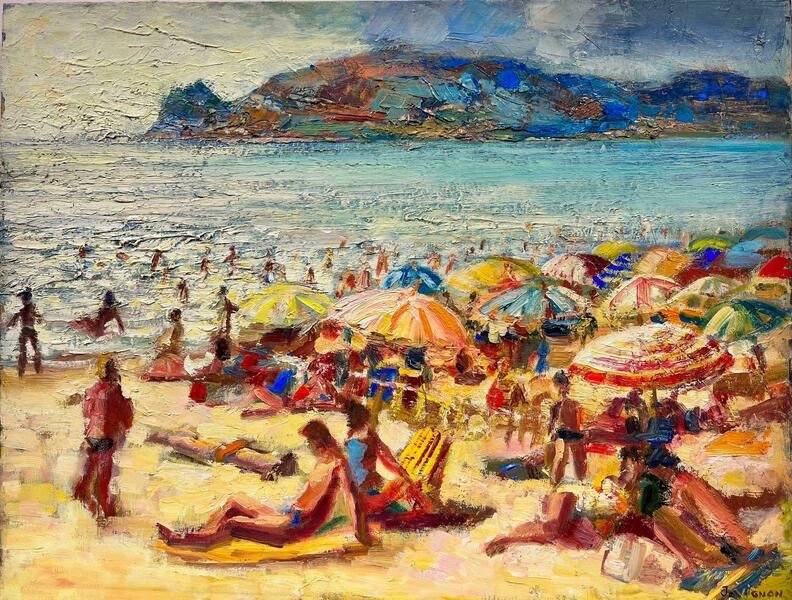 Josine Vignon20th French Post Impressionist Oil Busy Summer Beach Scene Many Figures & Color1960's