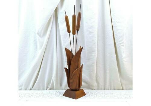 Large Vintage Mid Century Modern Teak Wood Sculpture Of Cat Tails, Retro Wooden 1960s Decorative Ornament Of Wood, Mcm Table Center Piece