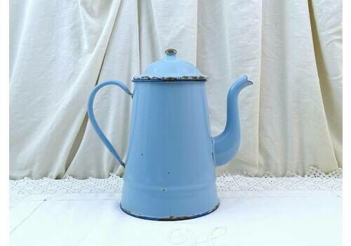 Large French Antique Blue Enamelware Swan Necked Traditional Coffee Pot, Vintage Country Farmhouse Style Enameled Metal Coffee Maker France