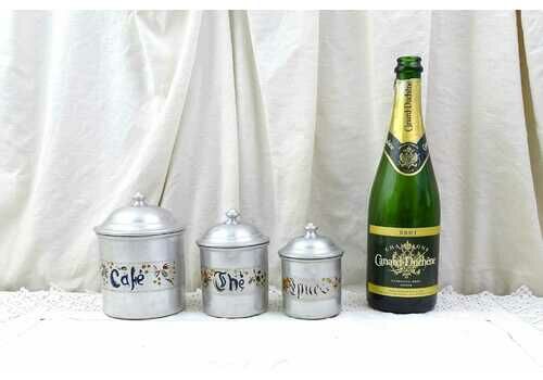 Antique French 3 Piece Canister Set White Silver Metal With Handpainted Labels And Pointed Lids, Retro Old World Kitchen Decor From France