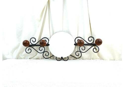 Vintage French Wall Mounted 4 Ball Hook Coat Rack With Round Mirror And Black Forged Metal Frame, Retro 1960s Hall Furniture From France