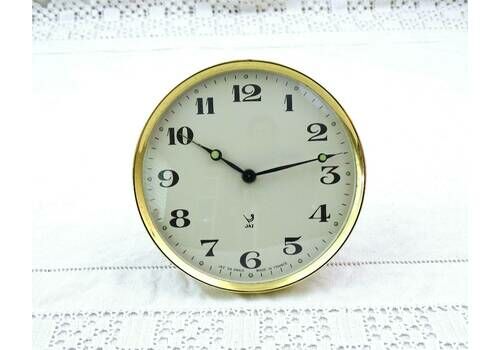 Vintage French Working Mid Century Free Standing Round Jaz Alarm Mechanical Clock,With Gold Tone Metal Frame, Retro Time Piece France