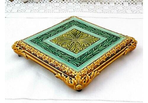 Rare Large Antique French Square Majolica Pottery Table Trivet In Green Tones And Golden Brown With Arts And Crafts Style Tile Pattern
