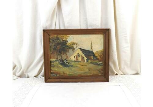 French Vintage Framed Hand Painted Oil Painting Of A Chapel In Brittany France With Women In Traditional Costume Signed By The Artist Mj