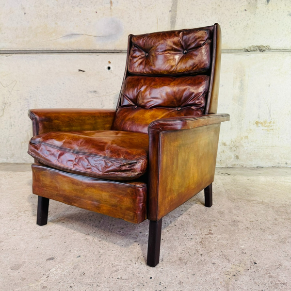 Vintage 70s Danish High Back Tan Leather Chair – Timeless Comfort & Style #A446